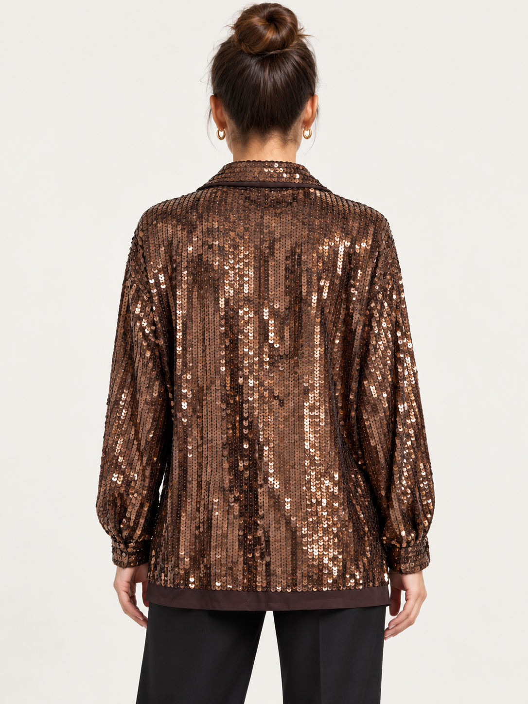 Camicia Pinko donna con paillettes bronzo - retro su modella virtuale