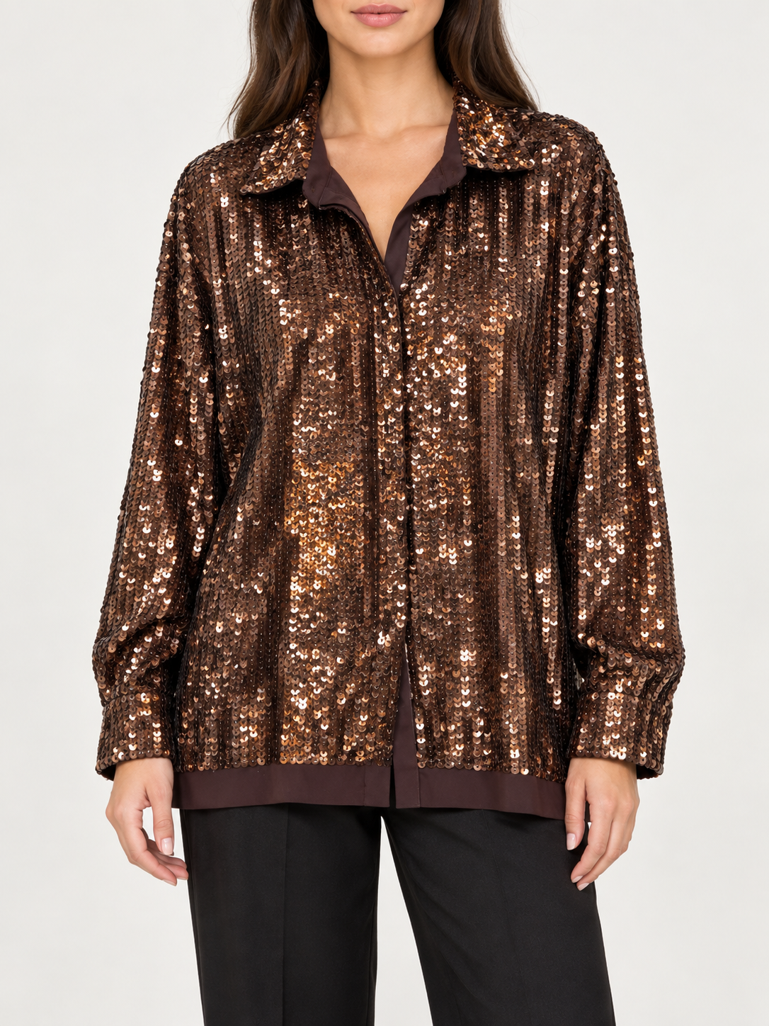 Camicia Pinko donna con paillettes bronzo - fronte su modella virtuale