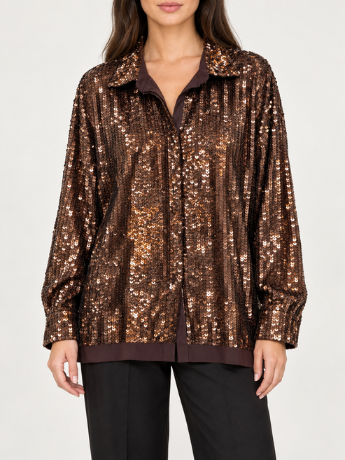 Camicia Pinko donna con paillettes bronzo - fronte su modella virtuale