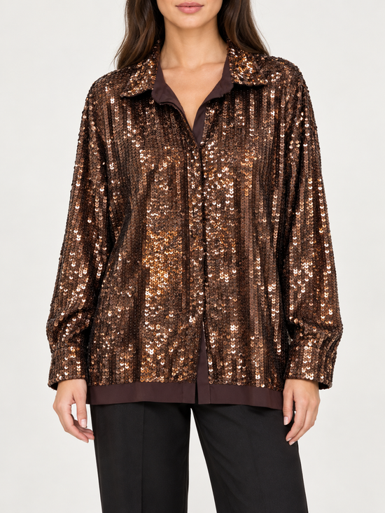 Camicia Pinko donna con paillettes bronzo - fronte su modella virtuale
