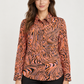 Camicia Pinko donna fantasia arancione rosa e nera - fronte su modella virtuale