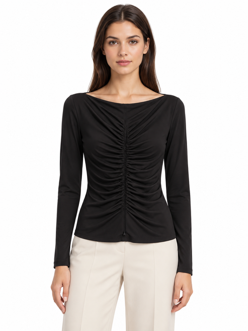 Pinko Maglia nera con arricciatura frontale – fronte su modella virtuale