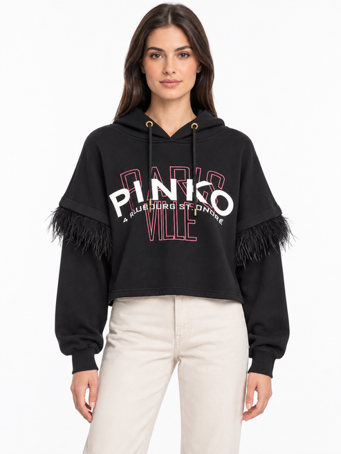 Pinko Felpa crop nera con cappuccio e inserti effetto piume – fronte su modella virtuale