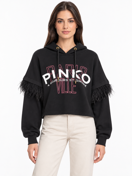 Pinko Felpa crop nera con cappuccio e inserti effetto piume – fronte su modella virtuale
