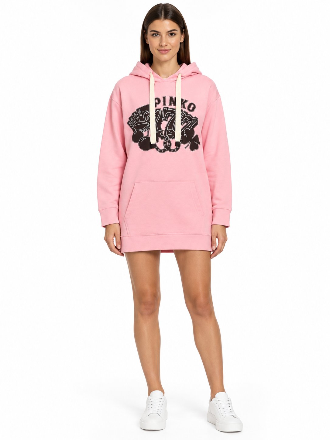 Pinko Abito felpa rosa con cappuccio e stampa – fronte su modella virtuale