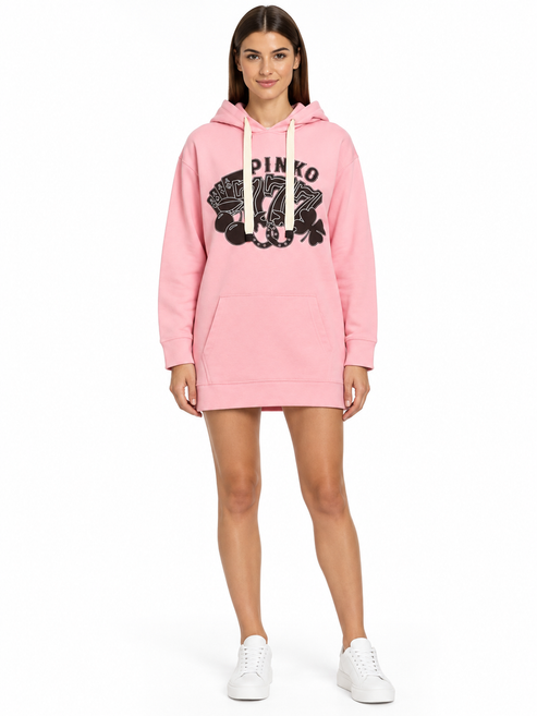 Pinko Abito felpa rosa con cappuccio e stampa – fronte su modella virtuale