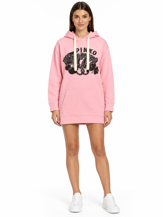 Pinko Abito felpa rosa con cappuccio e stampa – fronte su modella virtuale
