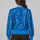 Cardigan blu acceso con paillettes blu e bordi in maglia blu – retro su modella