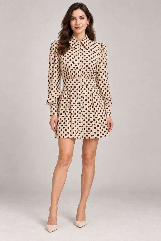 Abito chemisier Pinko beige a pois marroni - fronte su modella