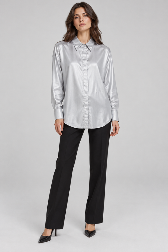 Pinko – Camicia argento con logo ricamato – fronte
