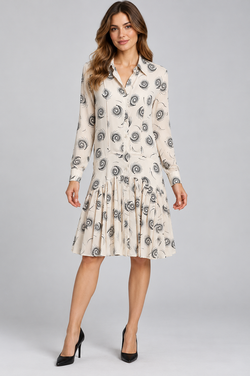 Pinko – Abito chemisier crema a fantasia – fronte