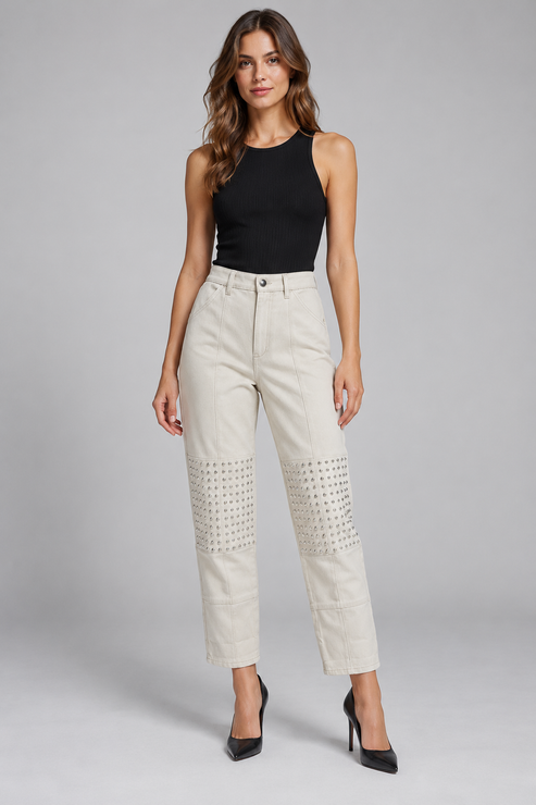 Pinko – Pantalone écru con borchie – fronte