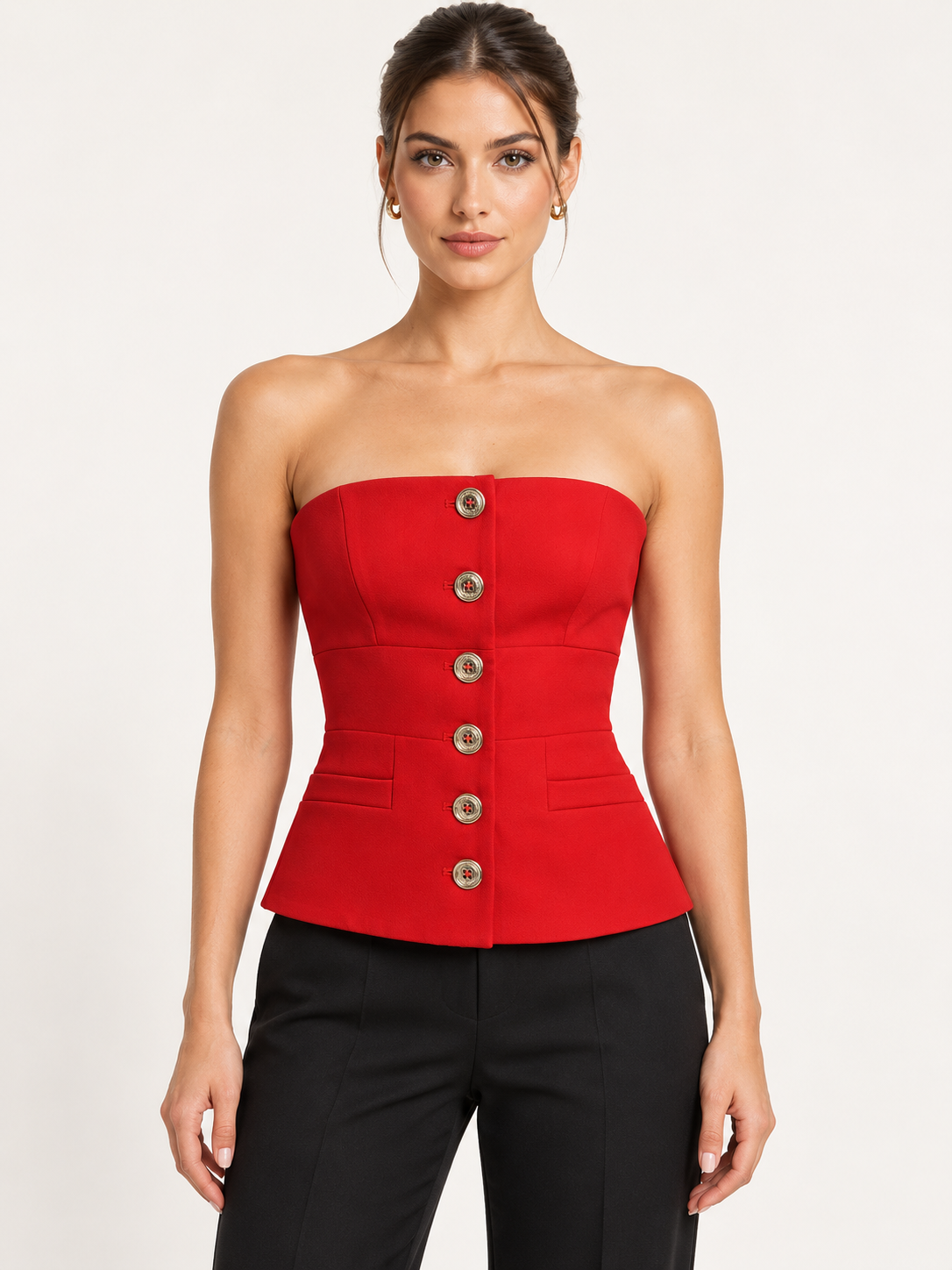 Pinko Corsetto rosso con bottoni dorati – fronte su modella virtuale