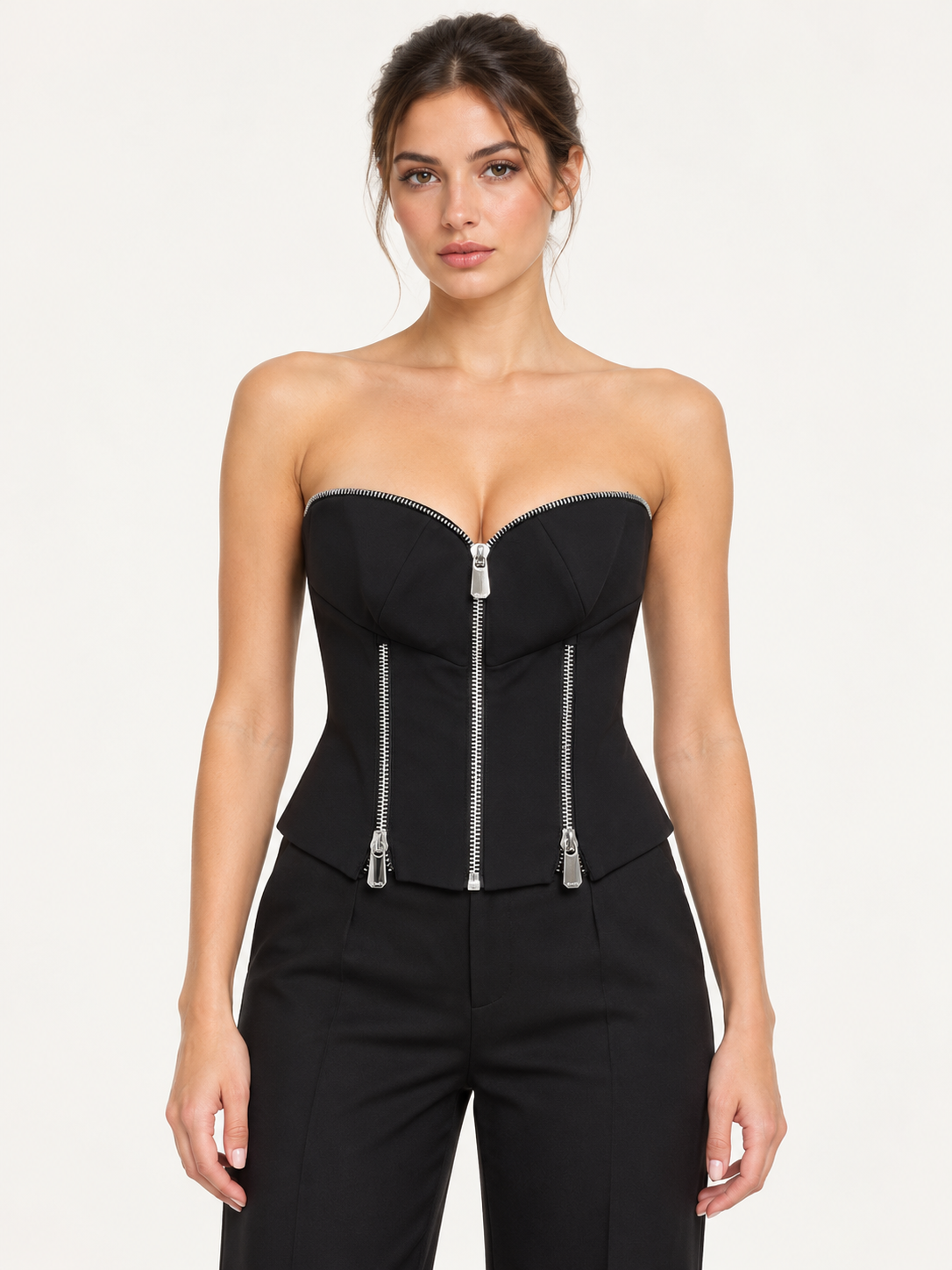 Pinko Corsetto nero con zip argento – fronte su modella virtuale