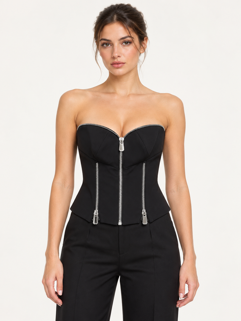 Pinko Corsetto nero con zip argento – fronte su modella virtuale