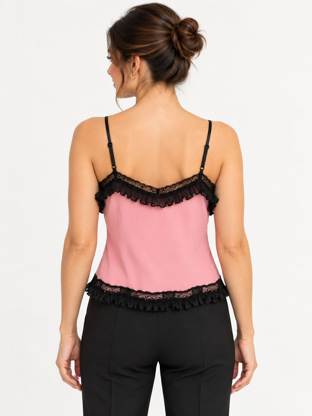 Pinko Top rosa con pizzo nero – retro su modella virtuale