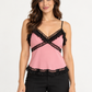 Pinko Top rosa con pizzo nero – fronte su modella virtuale