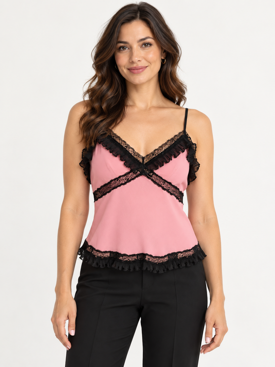 Pinko Top rosa con pizzo nero – fronte su modella virtuale