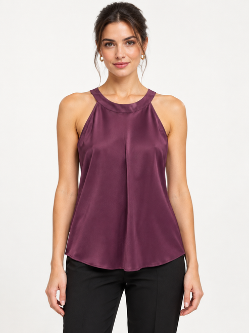 Pinko Top viola con fiocco sul retro – fronte su modella virtuale