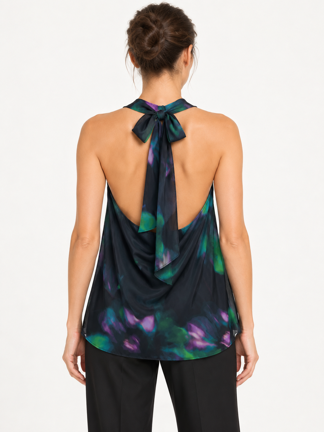 Pinko Top fantasia verde viola e blu – retro su modella virtuale