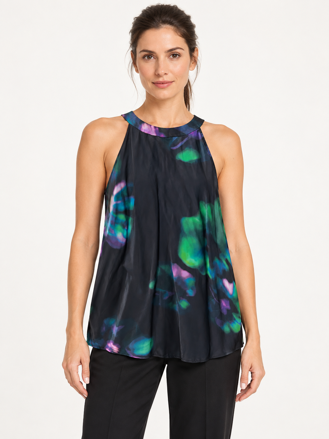 Pinko Top fantasia verde viola e blu – fronte su modella virtuale