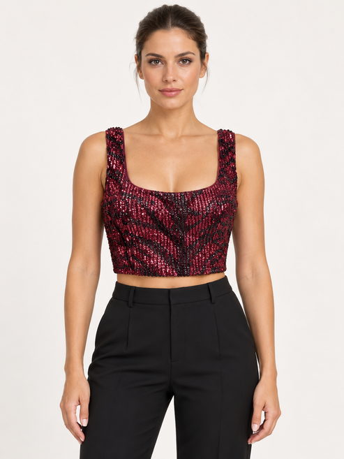 Pinko Top bordeaux con paillettes nere – fronte su modella virtuale