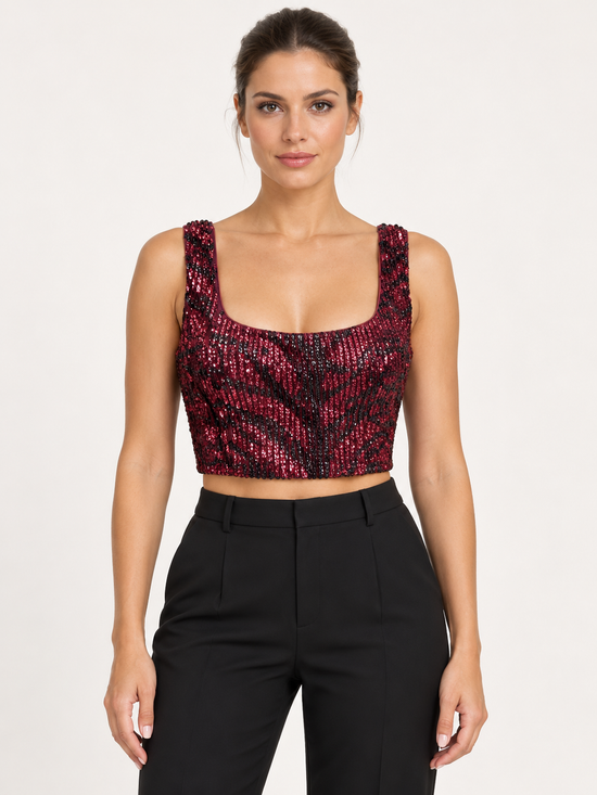 Pinko Top bordeaux con paillettes nere – fronte su modella virtuale