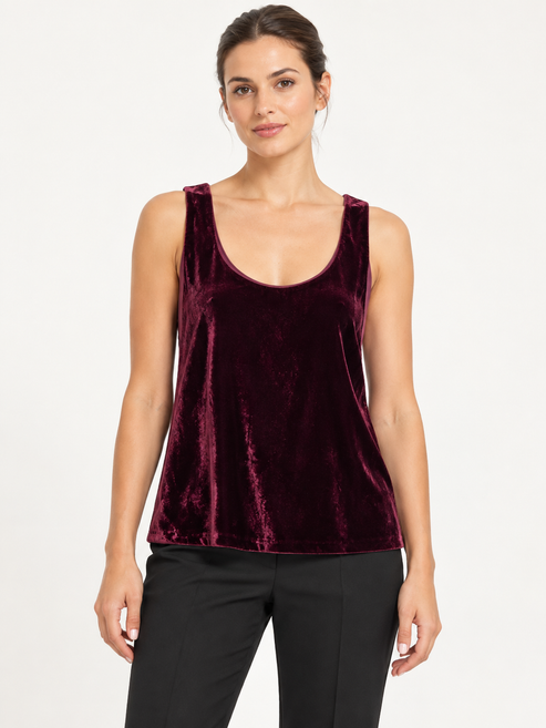 Pinko Top in velluto bordeaux – fronte su modella virtuale