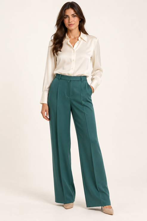 Pinko – Pantalone verde petrolio in acetato su modella — fronte