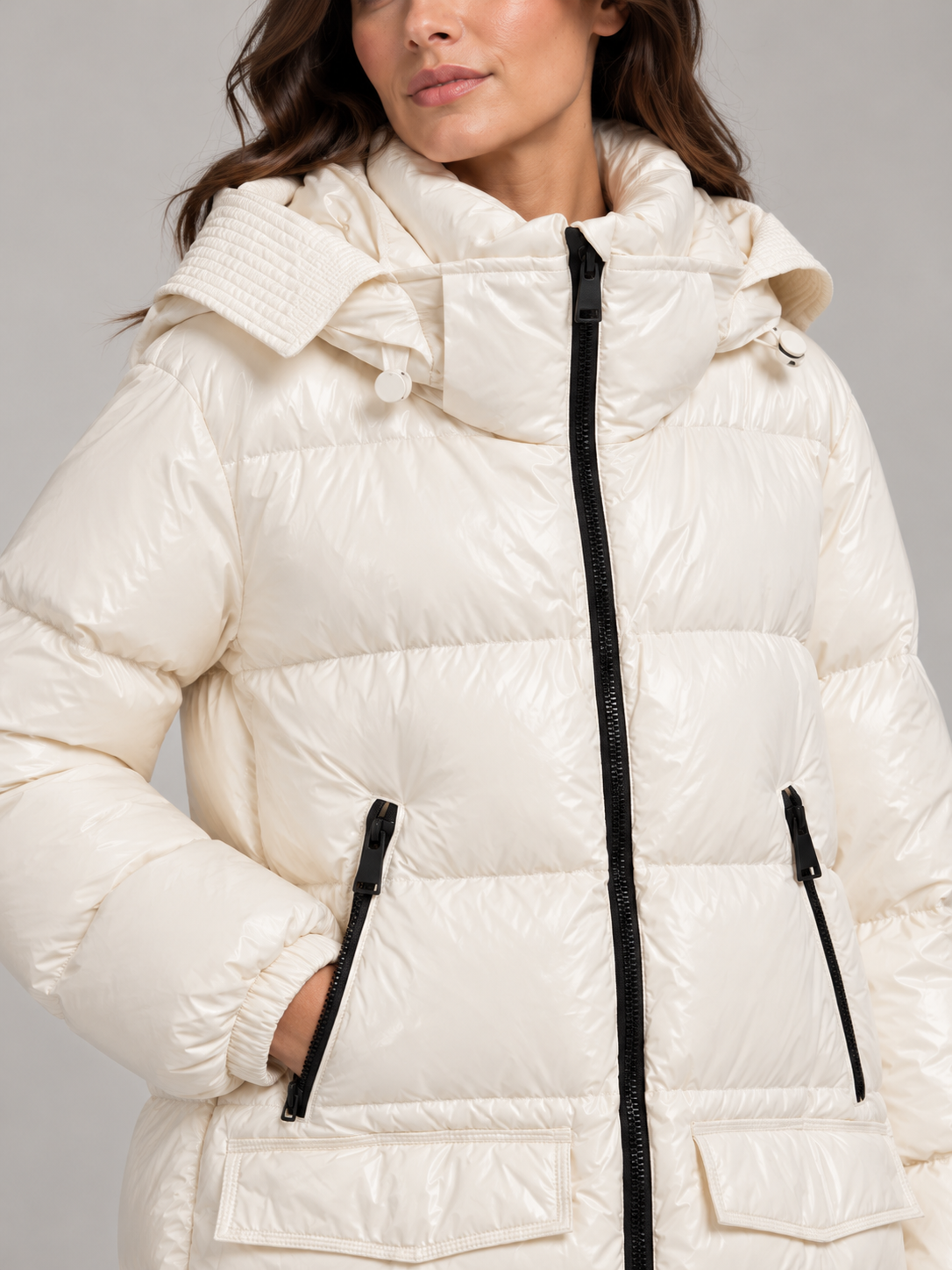 Piumino donna HAVEONE avorio con cappuccio – dettaglio su modella, immagine elaborata con IA