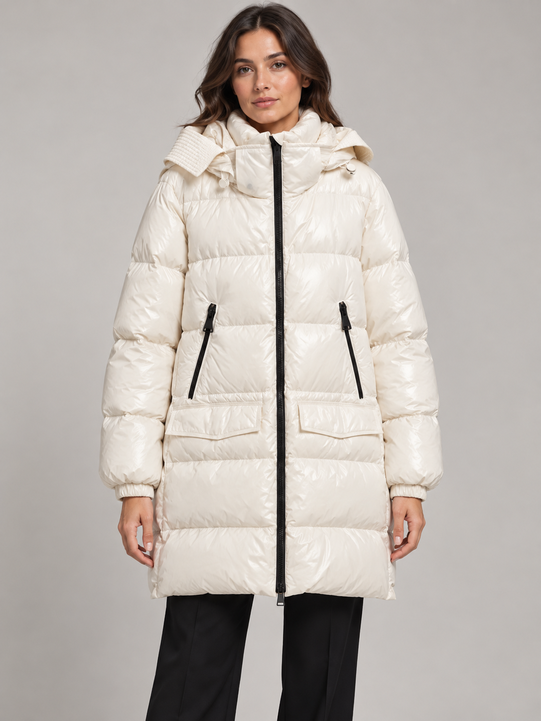 Piumino donna HAVEONE avorio con cappuccio – fronte su modella, immagine elaborata con IA