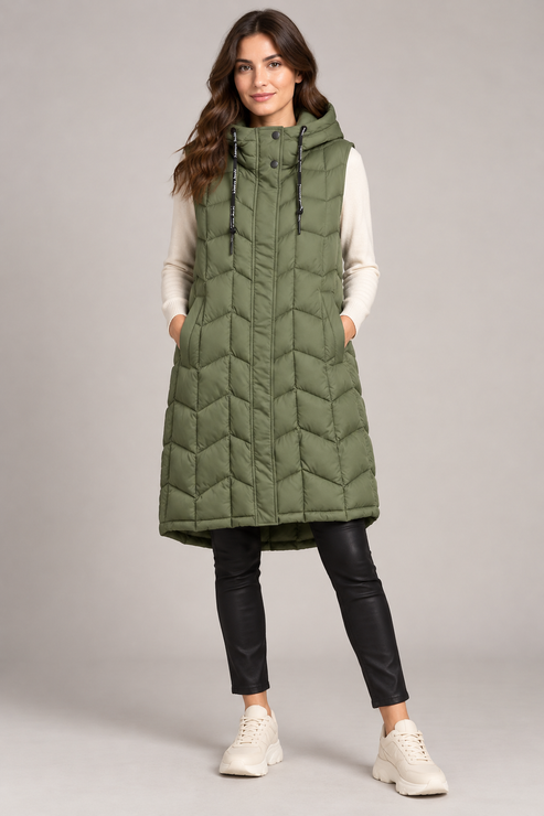 Alessia Santi – Piumino smanicato lungo verde con cappuccio – fronte su modella, immagine elaborata con IA