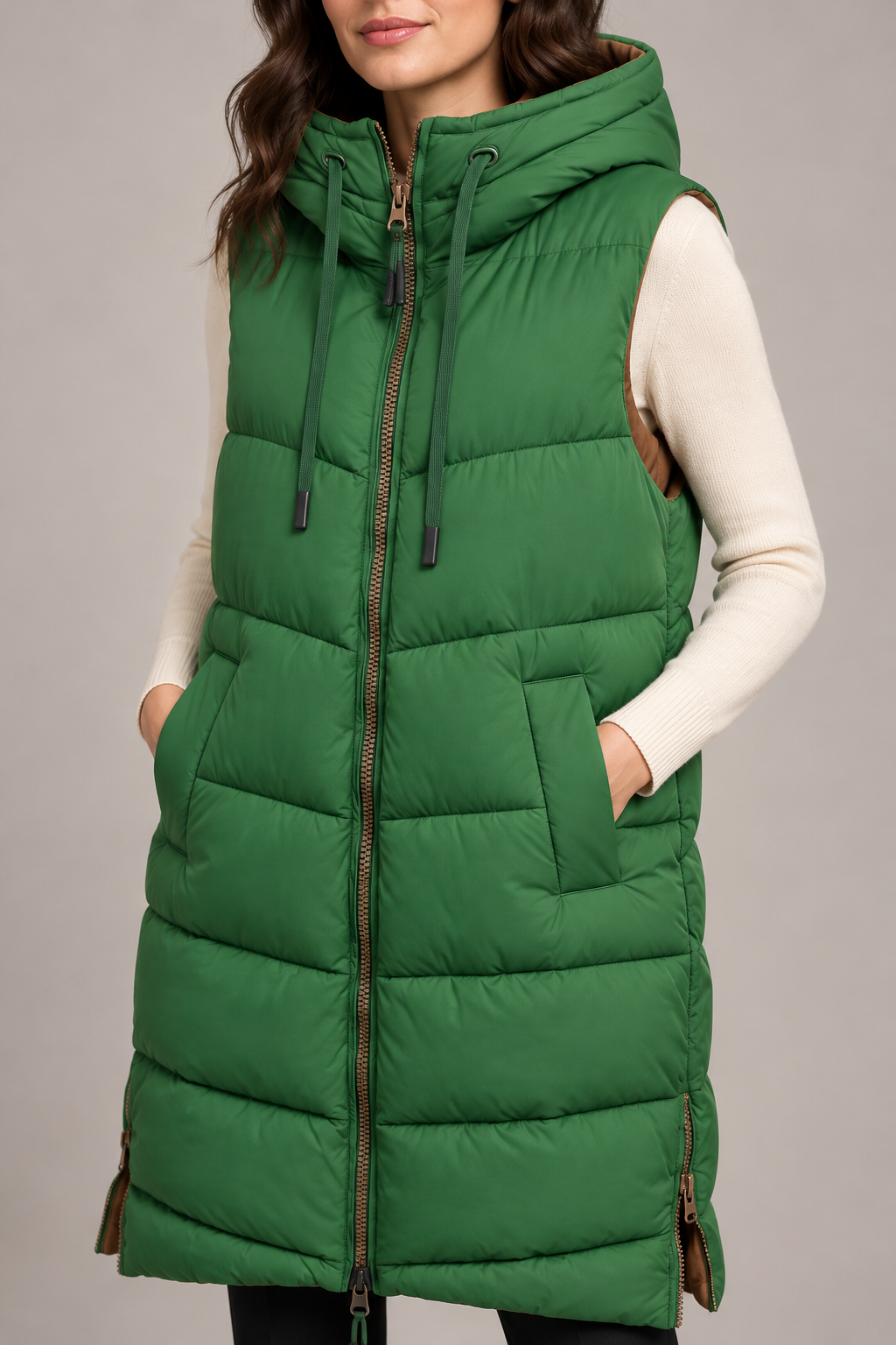 Malìparmi – Piumino smanicato lungo reversibile verde – dettaglio su modella, immagine elaborata con IA