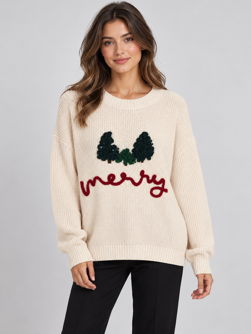 Maglione donna Tensione In panna Merry fronte su modella, elaborata con IA