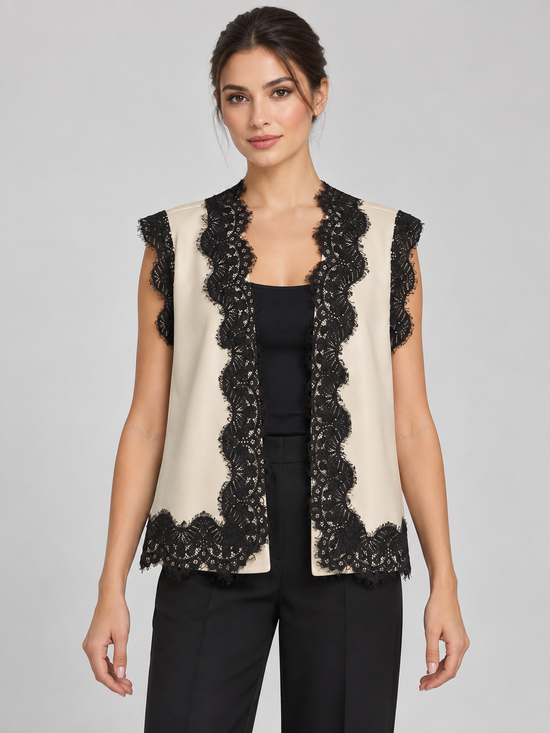 Gilet Tensione In avorio con pizzo nero – fronte